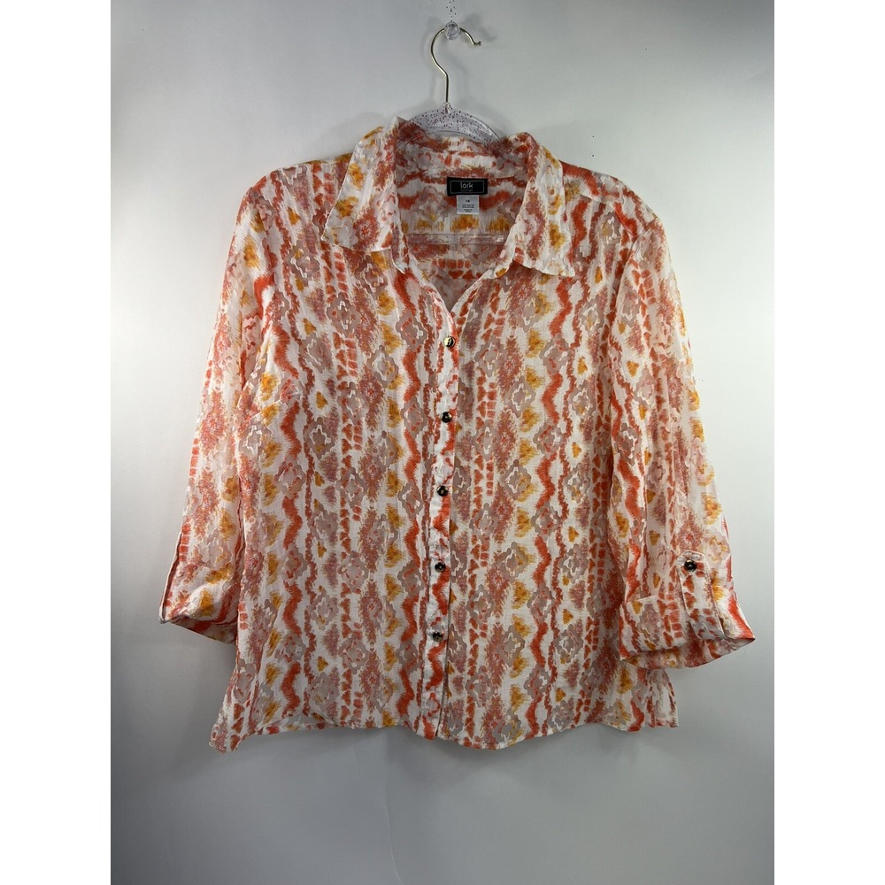 Lark Lane Shirt Womens‎ Sz 14 Sheer 3/4 Tab Sleeve Button Orange White